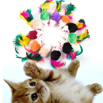 10 бр. Фалшиви мишката Играчки за домашни котки Мини-играчки, с разноцветни пера