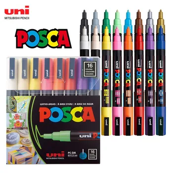 16 Акрилни Дръжки-маркер химикалки Uni Posca, PC-1M/3M/5M, Определени от 16 Цвята, Арт маркер Graffitti за Наскальной живопис по цялата повърхност