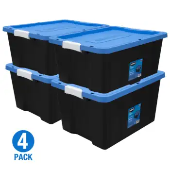 17-галлонный пластмасова кутия за съхранение с капаче, черна основа/ син капак, комплект от 4