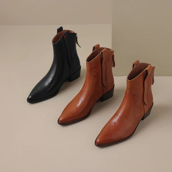 2023 есенно-зимни дамски ботильоны от естествена кожа 22-25 см, овча кожа + свинска кожа, модерни обувки с остри пръсти и цип отзад, обувки в западен стил