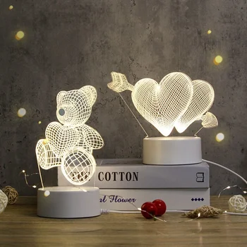 3D Нощни светлини Коледен подарък Акрилни led светлини Настолна лампа за спални USB на рожден Ден, Свети Валентин, Сватбена украса, лека нощ