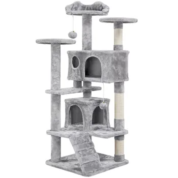 54,5-инчов кула от дърво котешки за котенца и малки/средни котки, светло сив