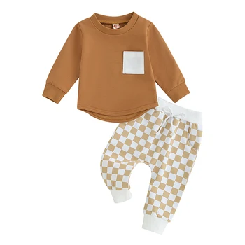FOCUSNORM/Есенни всекидневни комплекти дрехи за най-малките момчета от 0 до 3 години, 2 броя, Пуловер с дълги ръкави, hoody с джобове, Блузи, Панталони в клетка с принтом