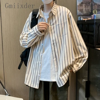 Gmiixder, Японската риза Cityboy райе с дълъг ръкав, Мъжки, дамски, Пролетно-есенна Ежедневни риза Свободно, Намаляване, Чист Универсална блуза