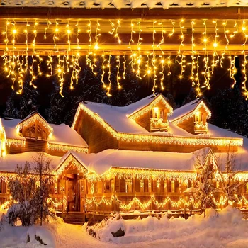 Led завеси, гирлянди от ледени висулки, със Светлинни декорации за дома, Зимна Завеса, Уличен интериор, Коледна Градинска Венец, Празнично осветление