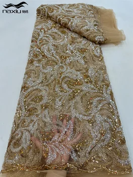 Madison Gold Африканска френска лейси кърпа за младоженеца, Благородна лейси плат за шиене, нигерийски дантела, 5 ярда, 2023