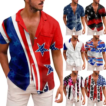 New American Independence Day Short Sleeve Shirt Printed Men ' s Casual Beach Top Summer Camicia Uomo риза с къс ръкав