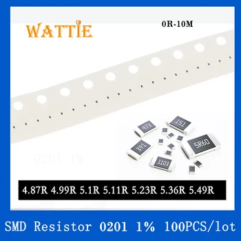 SMD резистор 0201 1% 4,87 R 4,99 R 5,1 R 5,11 R 5,23 R 5,36 R 5,49 R 100 бр./лот микросхемные резистори 1/20 W 0,6 мм * 0,3 мм