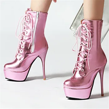 Smeeroon, Размер 34-47, Нови дамски зимни обувки от изкуствена кожа с цип, готини дамски обувки на платформа с тясна лента, ботильоны на тънък висок ток