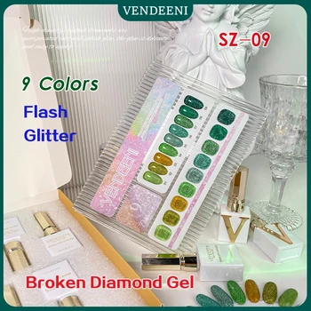 Vendeeni 15 мл Блестящ гел-лак за нокти Forest Green Broken Diamond, 9 цвята/комплект, Впитывающийся с led UV-светкавица, Пресен зелен гел-лак