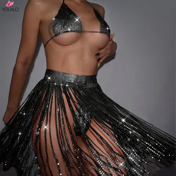 VOLALO Секси лятна пола с метална верига, кратка фестивална дрехи, Дамски поли, дамски мини поли за парти в нощен клуб, блестящи кристали