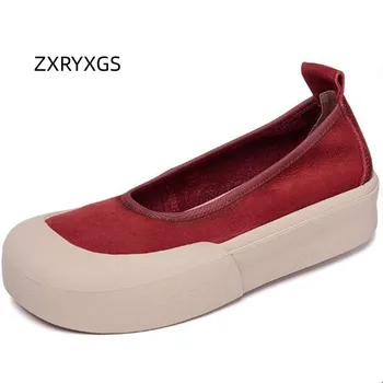 ZXRYXGS 2023, Дамски Вулканизированная обувки Премиум-клас от 100% естествена кожа, Дамски лоферы приливи и отливи, Обувки на равна платформа, Удобни Обувки За Почивка