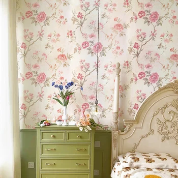 Американските селски флорални тапети на руло, пасторални картинки, цвете спалня, Уютна всекидневна, плевене, стенни картини, розов