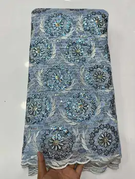Висококачествена африканска тюлевая лейси плат с 3D пайети, синята Френска Окото лейси плат, Нигерийски Тюлевый завързана материал за вечерта на шиене