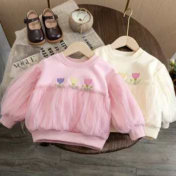 Газова hoody за малки момичета, жилетки за деца, 2023, Пролетно-есенни блузи с бродерия на цветя, Детски дрехи В корейски стил