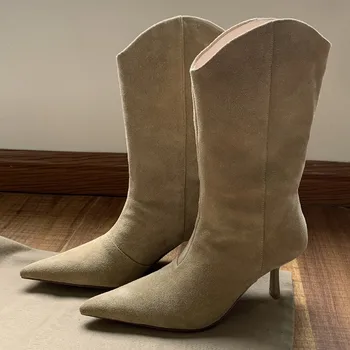 Дамски ботуши от естествен велур на висок тънък ток 6,5 см, с остри пръсти, без закопчалка, елегантни дамски есенни обувки до средата на прасците, тънка обувки, лидер на продажбите