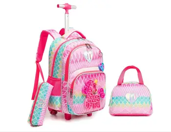 Детски Куфар на колела, раница на колела, комплект с чанта за обяд, чанта за писалки, училищен раница на колела за момчета, училищна чанта за количка за момичета