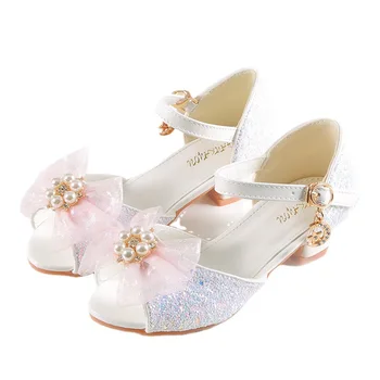 Детски обувки на висок ток за момичета, непълнолетните вечерни обувки на принцесата с перли и кристали, детски сватбени и вечерни кожени сандали