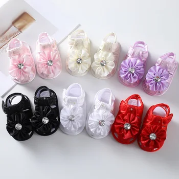 Детски сандали за момичета, модни и ежедневни обувки с мека подметка и цветен модел, първите проходилки за бебета (лента за коса безплатно)
