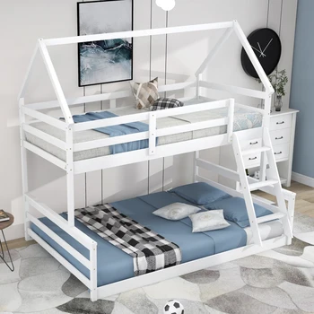 Дизайн на началната легла Twin over Full House Двуетажно легло с вградена стълба, Лесен монтаж, Отделна двуетажно легло за детска спални, Бял