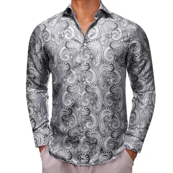 Дизайнерски ризи за мъже, Копринени, с дълъг ръкав, Сребристо-сиво, с петна Вратовръзки, панталони, мъжки Блузи, Ежедневни и официални блузи, дишащи Бари Уонг