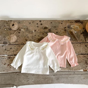 Долната дрехи за малките момичета 0-3 години, пролетно-есенен стил, прости топ с бродирани ревери, Памучен тениска с дълги ръкави