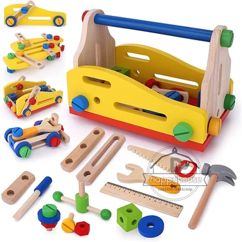 Дървена набор от инструменти за ролеви игри, Монтесори детска играчка за момчета, Демонтаж гайки, Монтаж с винтове, Имитация на Ремонт, строително дърводелски инструмент