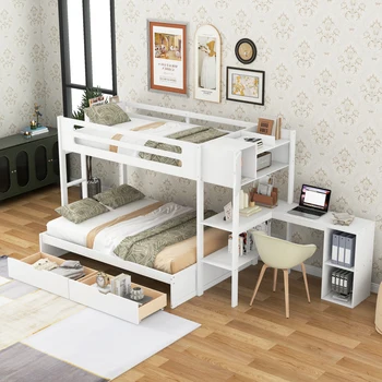 Дървено двуетажно легло с чекмеджета, рафтове, шкафчета, L-образно бюро и държач за списания