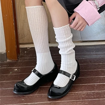 Есенно-зимни минерални чорапи за японски ученички, Женски бели Черни Памучни трикотажни компресия чорапи до коляното