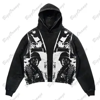 Есенно-зимни мъжки hoody в ретро стил Y2K в стил хип-хоп с модерен принтом, ежедневни градинска облекло в стил харадзюку, пуловер с качулка в стил аниме