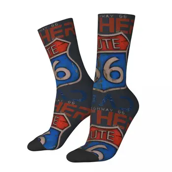 Забавен луд чорап за мъже, ретро син, в стил хип-хоп, Ретро, Route 66, с бесшовным модел, за момчета, за екипажа, на Новост, подарък