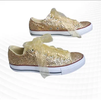 Изработена по поръчка жълта парусиновая обувки с кристали и пайети, с нисък покрив, универсална спортни обувки за ходене за мъже и жени, голям размер 35-46