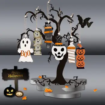 Изящни изделия декор за Хелоуин, Празнични украси с череп и духове на Хелоуин, Страховито подпори за партита от боядисана дърво, Висулки за