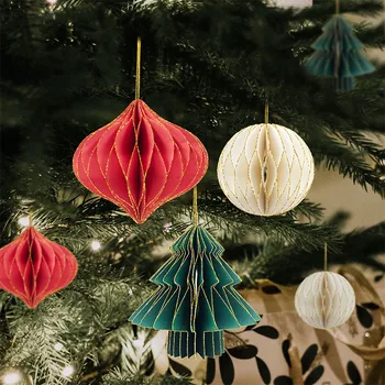 Коледно Дърво Висулка Бор Кръг 3D Хартиен Декор Фенер Сферични Висящи Украшения Коледа За Домашни Партита, Коледни Подаръци
