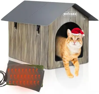 Котешки къща, Водоустойчив котешки къщичка за котки в затворени помещения и на открито през зимата, 2 врати, котешка легло с подгряване за диви котки на улицата с топъл Pa