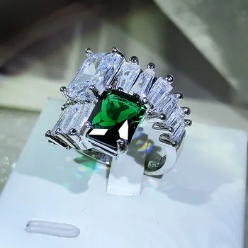 Луксозен Зелен Правоъгълник цирконии S925 Сребърни Пръстени за Жени Темперамент Crystal безименен Пръст, Годежни Пръстени, Мода Бижута