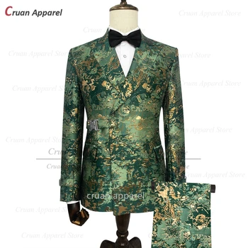 Луксозни Жакард Мъжки зелени костюми, модерен Празничен сватбен Блейзър с флорални принтом, панталони, 2 броя, Нови смокинги за изпълнители на поръчката, етап смокинги