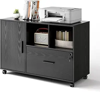 Метален шкаф шкаф с ключалка, Дървена Странична шкаф метален шкаф с 1 чекмедже на колела, Поставка за принтер с отворени рафтове за домашния офис,