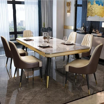 Модерен, Светъл Луксозна Мраморна маса за Хранене, Кът За Кухненски Мебели 1.4 m 1,6 м Плот от Метална Рамка Масата Кожени Трапезни Столове