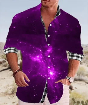 Модерна Мъжка риза на Звездното Небе Лилаво, Синьо HD Graphics Случайни Тенденция за партита Благородна Риза с ревера от мека, удобна материя 2023