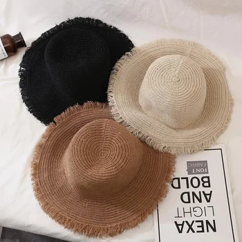 Модерни Дамски шапки, плажни шапки от слънцето с широка периферия и модерен однотонным козирка, Сламена шапка, Дамски солнцезащитная панама