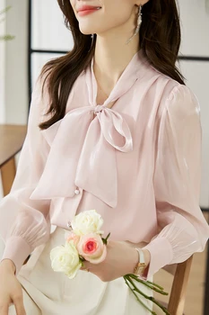 Модни однотонная сатен блуза с папийонка, корейски ризи за жени, Елегантна риза от дантела органза, Однобортный шифоновый топ с дълъг ръкав