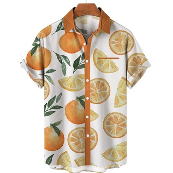 Мъжки Хавайски плажна риза с къс ръкав, Модни блузи, Риза с оранжеви Принтом, Блуза с ревери и бутони