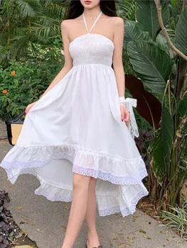 Ново Бяло женствена рокля без презрамки в стила на Оглавник, за Френското Модно Секси рокля 2023, Летни красиви дантелени празнични рокли Неправилни форми