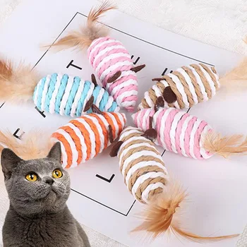 Носи етикет за услугата мишка с опашка от пера, играчка за котки, вградена в чакъл, Многоцветни аксесоари за домашни любимци, Мини-забавни играчки за игри, интерактивни котки, коте