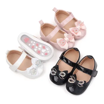 Обувки на Принцесата за новородени момичета 0-11 м, Мека изкуствена кожа, лък, кристали, нескользящая обувки за първите ходунков, обувки за деца