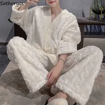 Пижамные комплекти, дамски зимни фланелевая дрехи за почивка с V-образно деколте, Проста мила Жена е дебела топла Модни эстетичная облекло от две части в корейски стил