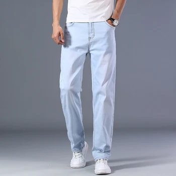 По-големи размери от 40 42 44, мъжки светло сини дънки, Пролет и лято, Свободни Преки Тънки дънкови панталони повишена еластичност, мъжки марка дрехи