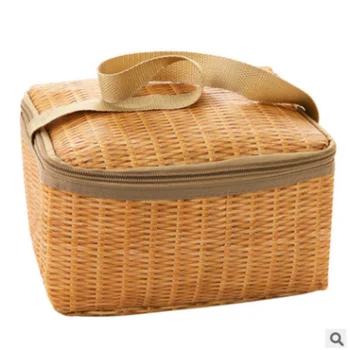 Преносима чанта за пикник от плетеного ратан, водоустойчив посуда, термоохладитель, кошница за хранителни контейнери за къмпинг, пикник