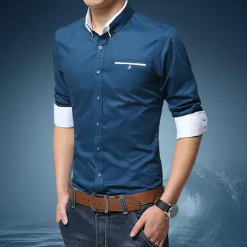 Приталенная мъжка риза, стилни и удобни мъжки бизнес ризи, оборудвана монофонични дишащ материал за пролетно-есенния офис облекла за мъже